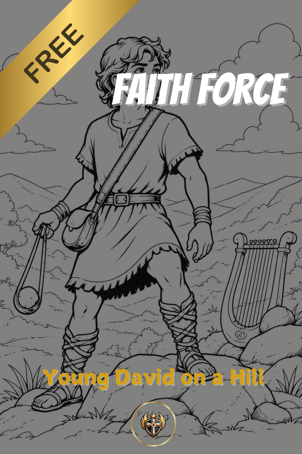 David on the Hillside with Lyre Colouring Page